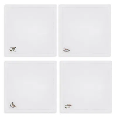 Kutnia Bird Motif Embroidered Linen Cocktail Napkins, Set Of 4 In White