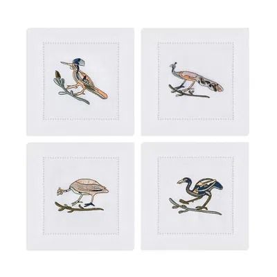 Kutnia Bird Motif Embroidered Linen Napkins, Set Of 4 In White