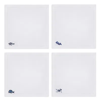 Kutnia Marine Motif Embroidered Linen Cocktail Napkins, Set Of 4 In White