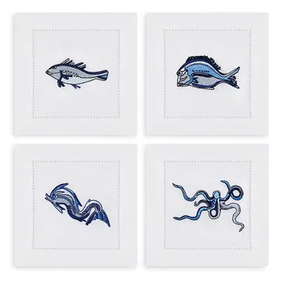 Kutnia Marine Motif Embroidered Linen Napkins, Set Of 4 In White