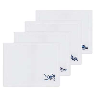Kutnia Marine Motif Embroidered Linen Placemats, Set Of 4 In White