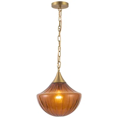 Kuzco Farrah 12-in Brushed Gold Pendant With Ribbed Amber Glass