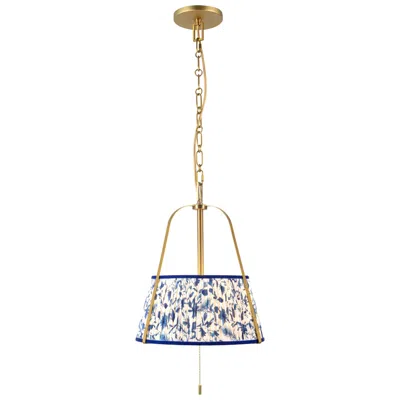 Kuzco Scout 13-in Brushed Gold Pendant With Patterned Pleated Blue Linen Shade