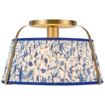 Kuzco Scout 13-in Brushed Gold Semi-flush Mount With Patterned Pleated Blue Linen
