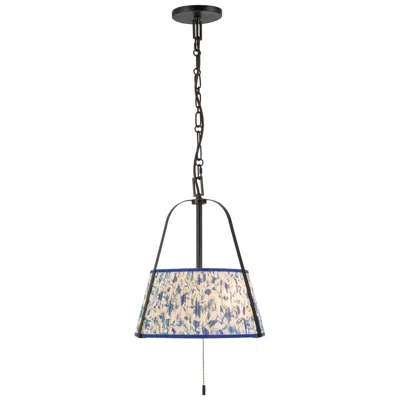 Kuzco Scout 13-in Matte Black Pendant With Patterned Pleated Blue Linen Shade