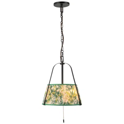 Kuzco Scout 13-in Matte Black Pendant With Patterned Pleated Green Linen Shade