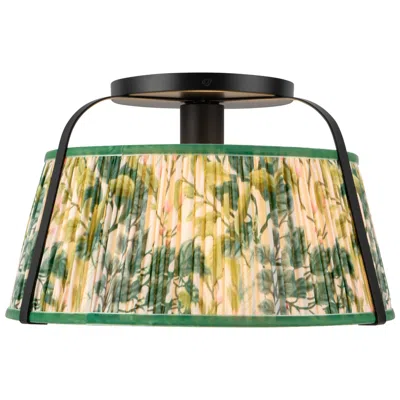 Kuzco Scout 13-in Matte Black Semi-flush Mount W/ Patterned Pleated Green Linen
