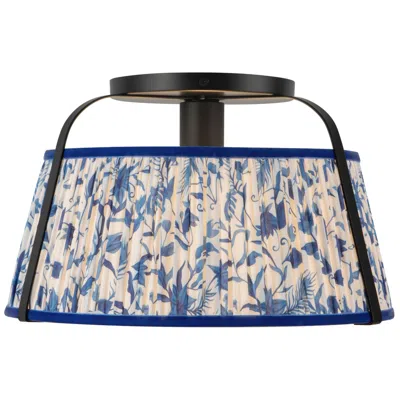 Kuzco Scout 13-in Matte Black Semi-flush Mount With Patterned Pleated Blue Linen