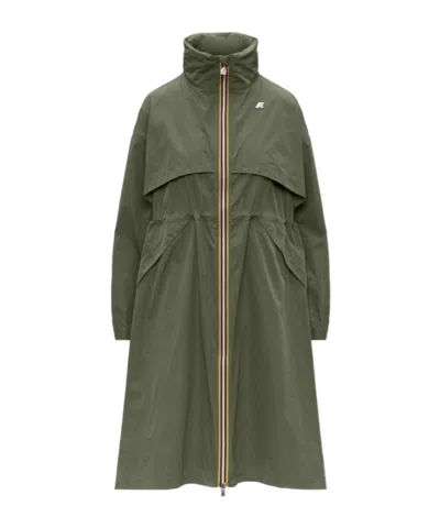 K-way Aube Memory Touch Drawstring Panelled Coat In Green