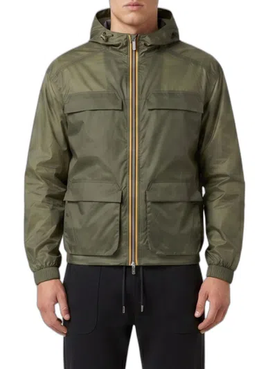 K-way Green Clad Extra Light Hooded Front Zip Nylon Jacket In Multi