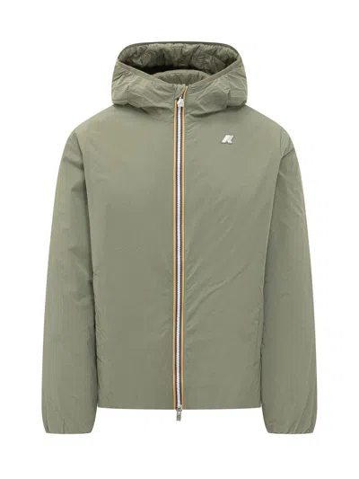 K-way Essential Jacket With Hood And Zipper Front In Green Lichen