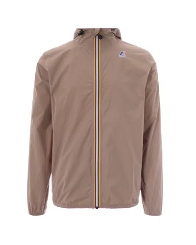 K-way Men's Hooded Windbreaker Jacket In Beige Taupe