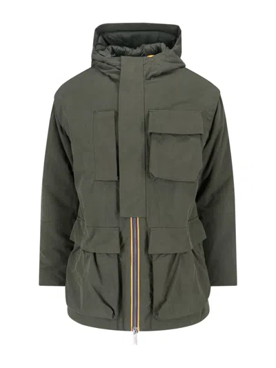 K-way Hooded Cotton Canvas Coat Adjustable Cuffs In Green