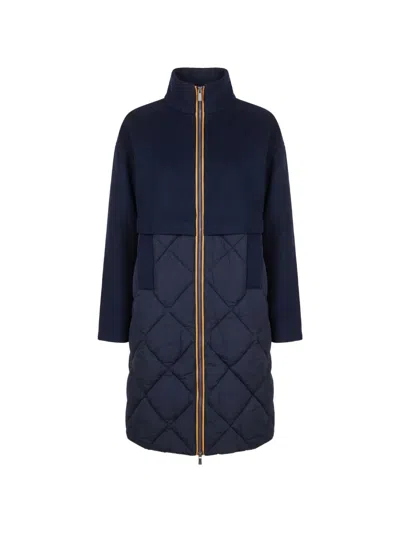 K-way Quilted Panelled Coat In Blue