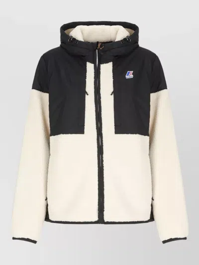 K-way Short Hooded Jacket Color Block Sherpa In Neutral