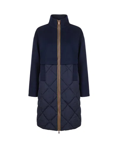 K-way Women's Long Quilted Mixed-media Coat In Blue Depth