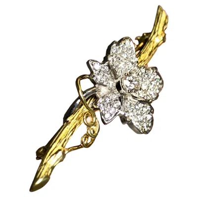 Pre-owned Kwiat Estate  18k Diamond Flower On Textured Branch Brooch Pin Serial Numbered In Multi
