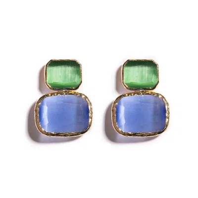 Kybele Studio Women's Gold / Green / Blue Gold Color Block Cat's Eye Earrings In Emerald & Sky Blue In Multi