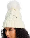 Kyi Kyi Faux Fur Pom Pom Cable Knit Beanie In White