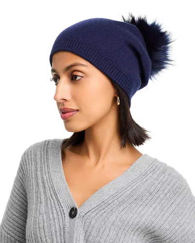 Kyi Kyi Faux Fur Pom Pom Knit Beanie In Navy Blue