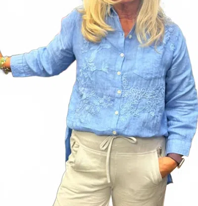 Kyla Seo Dani Embroidered Linen Shirt In Capri Blue