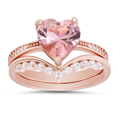 Kylie Harper 14k Rose Gold Over Silver Heart-cut Morganite Cz 2pc Stackable Ring Set In Multi