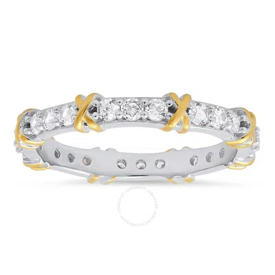 Kylie Harper Silver & Gold Two-tone Round-cut Cz "x" Stackable Eternity Band Ring In Two Tone