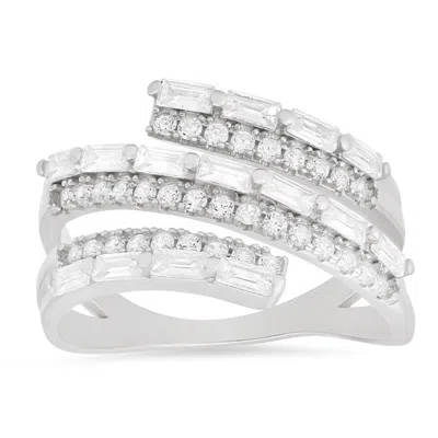 Kylie Harper Sterling Silver Cz Baguette-cut Sprial Crossover Ring