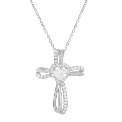 Kylie Harper Sterling Silver Heart Diamond Cz Cross Pendant In Silver-tone