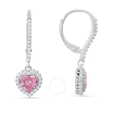 Kylie Harper Sterling Silver Heart-cut Pink Sapphire Cz Birthstone Halo Leverback Earrings In Silver-tone