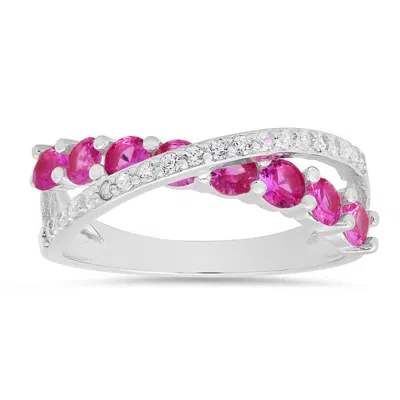 Kylie Harper Sterling Silver Pink Sapphire Cz Crossover Ring In Burgundy