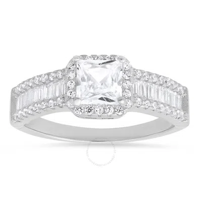 Kylie Harper Sterling Silver Princess & Baguette-cut Cz Halo Ring In Silver Tone