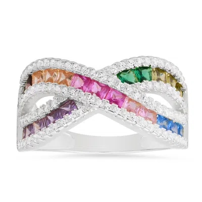 Kylie Harper Sterling Silver Princess-cut Multi-color Crossover Highway Ring In ["silver Tone"]