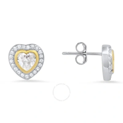 Kylie Harper Sterling Silver Two-tone Cubic Zirconia  Cz Heart Halo Stud Earrings