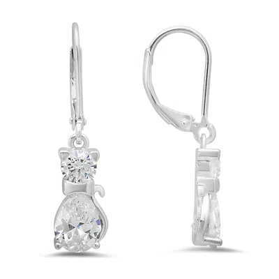 Kylie Harper Women's Dangling Kitty Cat Diamond Cz Leverback Earrings In Sterling Silver