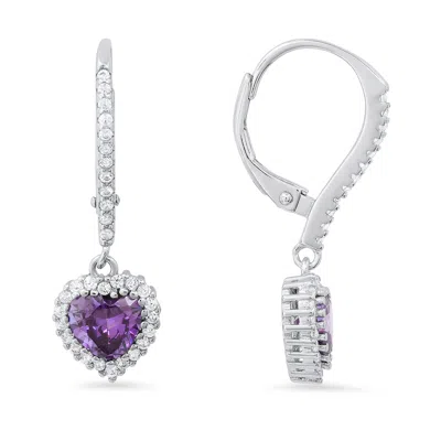 Kylie Harper Women's February Amethyst Birthstone Heart-cut Halo Leverback Earrings In Sterling Silver