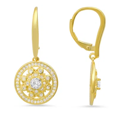 Kylie Harper Women's Gold Dangling Diamond Cz Flower Leverback Earrings In Sterling Silver