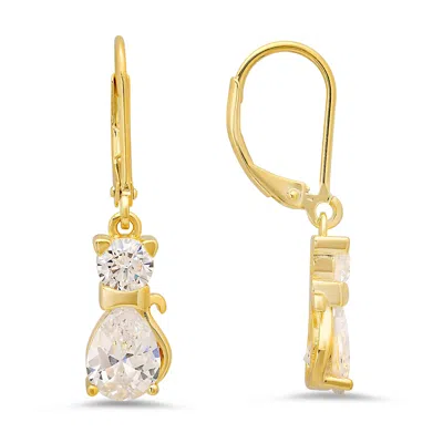 Kylie Harper Women's Gold Dangling Kitty Cat Diamond Cz Leverback Earrings