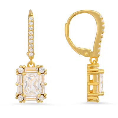 Kylie Harper Women's Gold Emerald-cut Diamond Cz Halo Dangling Leverback Earrings