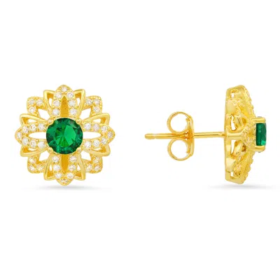 Kylie Harper 14k Gold Over Silver Emerald Cz Floral Stud Earrings In Gold-tone