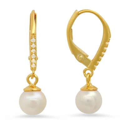 Kylie Harper Women's Gold Genuine Pearl & Diamond Cz Dangling Leverback Earrings