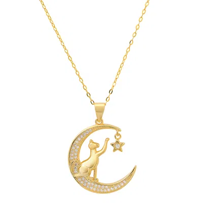 Kylie Harper Yellow Gold Over Silver Dangling Moon/star Cat Cz Pendant Necklace In Gold Tone