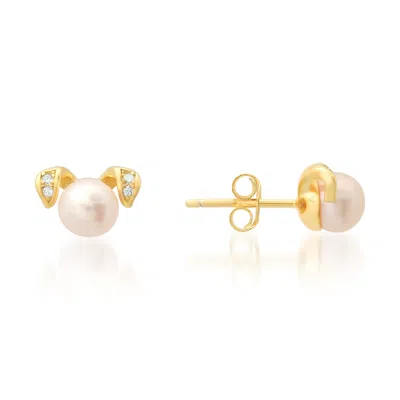 Kylie Harper Yellow Gold Over Silver Puppy Dog Genuine Pearl & Cz Stud Earrings In Gold Tone