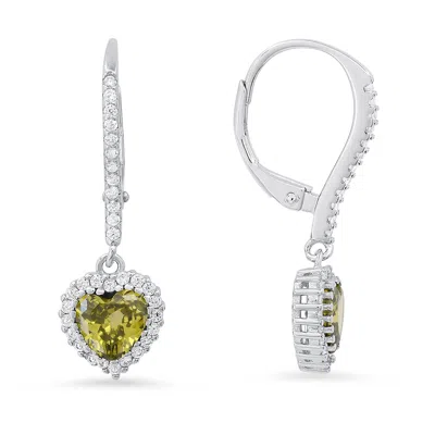 Kylie Harper Women's Green / Silver August Peridot Birthstone Heart-cut Halo Leverback Earrings In Sterling Silve In Green/silver