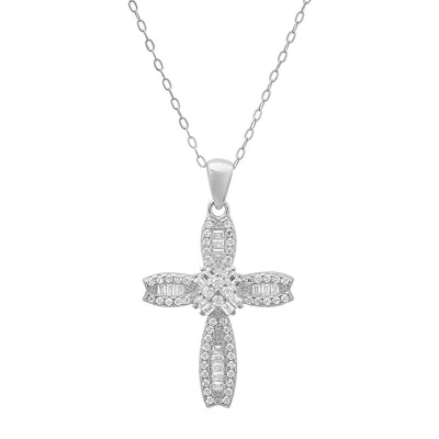 Kylie Harper Women's Petite Luxurious Baguette-cut Diamond Cz Cross Pendant Necklace In Sterling Silver In Metallic