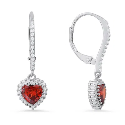 Kylie Harper Women's Red January Garnet Birthstone Heart-cut Halo Leverback Earrings In Sterling Silver