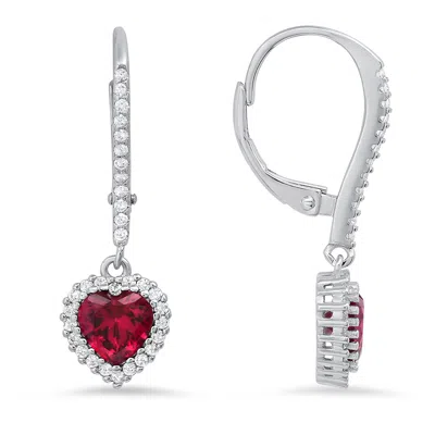 Kylie Harper Women's Red / Silver July Ruby Birthstone Heart-cut Halo Leverback Earrings In Sterling Silver In Multi