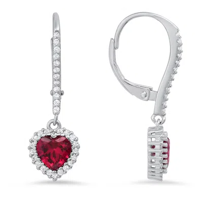 Kylie Harper Women's Red / Silver July Ruby Birthstone Heart-cut Halo Leverback Earrings In Sterling Silver In White