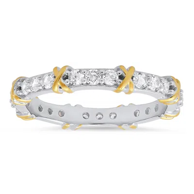 Kylie Harper Women's Silver / Gold Two Tone Diamond Cz "x" Stackable Eternity Band Ring In Sterling Silver In Silver/gold