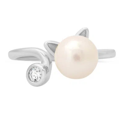 Kylie Harper Women's Sterling Silver Kitty Cat Pearl & Diamond Cz Ring